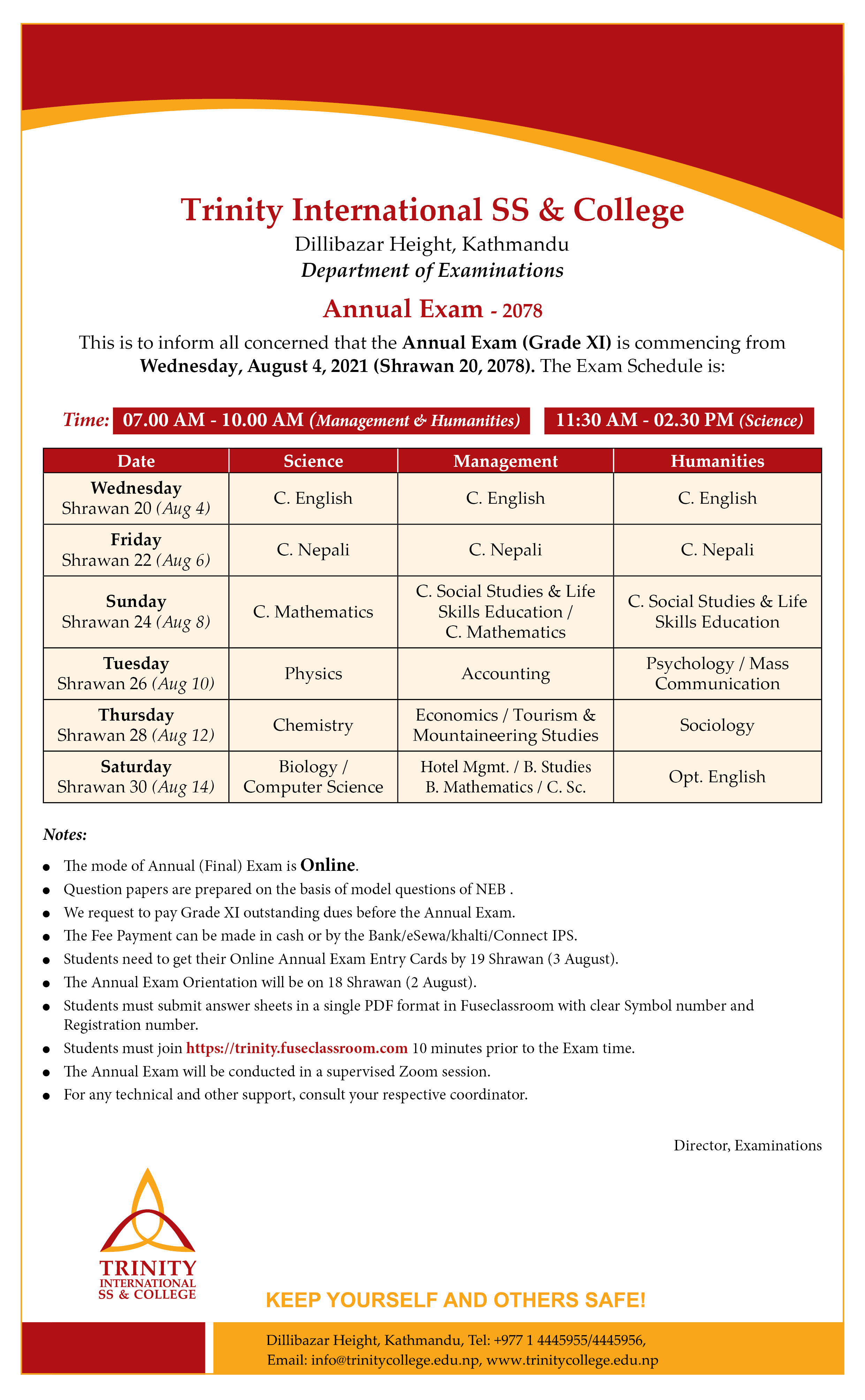 Grade XI Annual Exam Notice